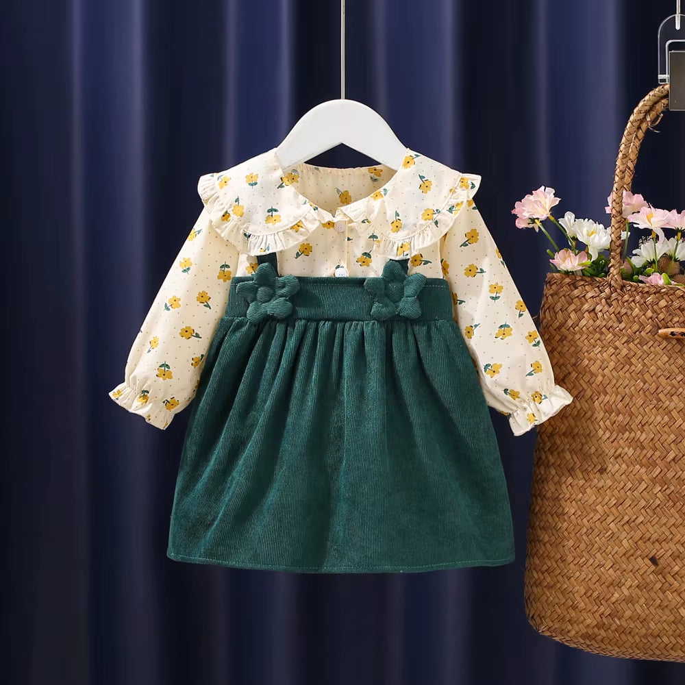 Autumn Blossom – Newborn Baby Girl Long Sleeve Princess Dress with Floral Lapel Design
