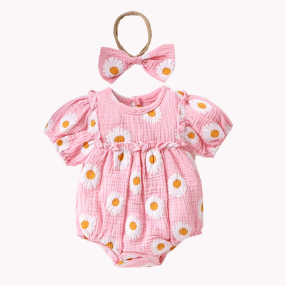 Summer Newborn Bubble Sleeve Pleated Lace Small Daisy Print Flower Jumpsuit Romper Baby Bodysuits