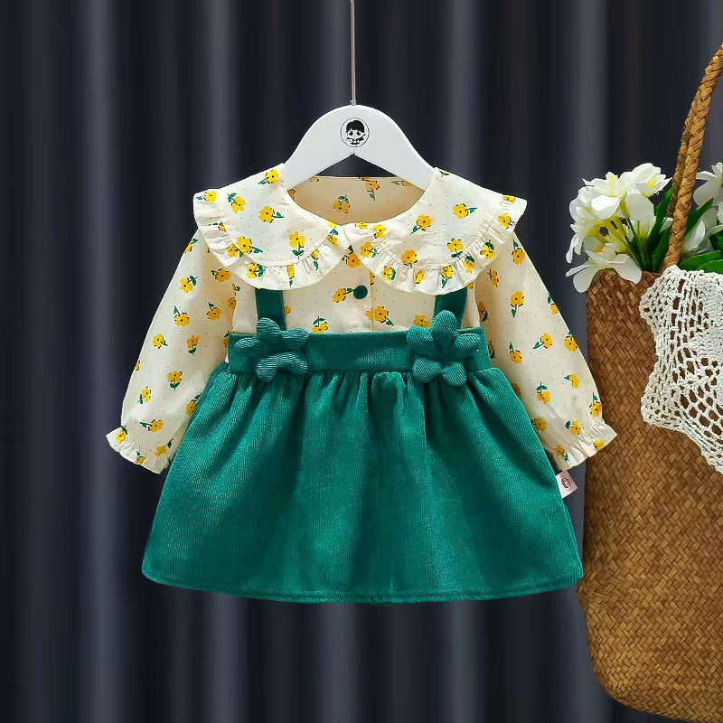 Autumn Blossom – Newborn Baby Girl Long Sleeve Princess Dress with Floral Lapel Design